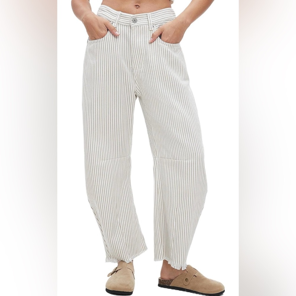 Striped White and Gray Wide Leg Jeans